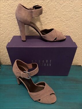 Stuart Weitzman Taupe Suede Open-Toe Ankle Strap Heels